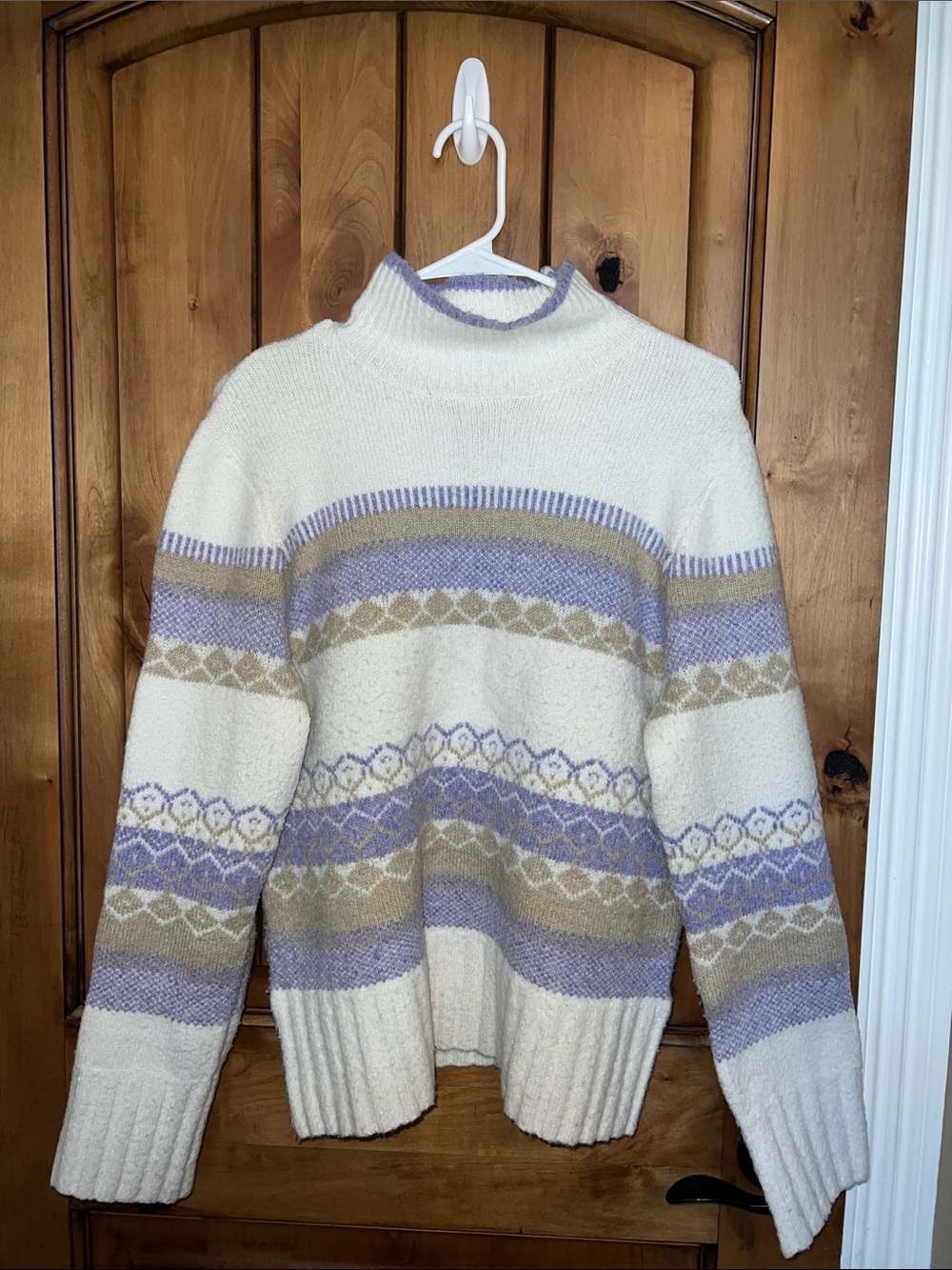 Cream Fair Isle Cowl Neck Sweater with Lavender & Tan Stripes